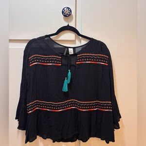 H&M Black Boho Embroidered Tassel Peasant Top